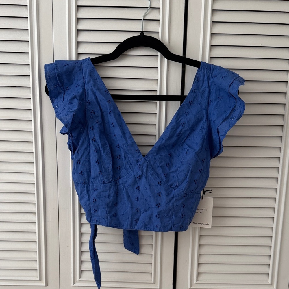 Blue Ruffle Sleeve V-Neck Women's Crop Top